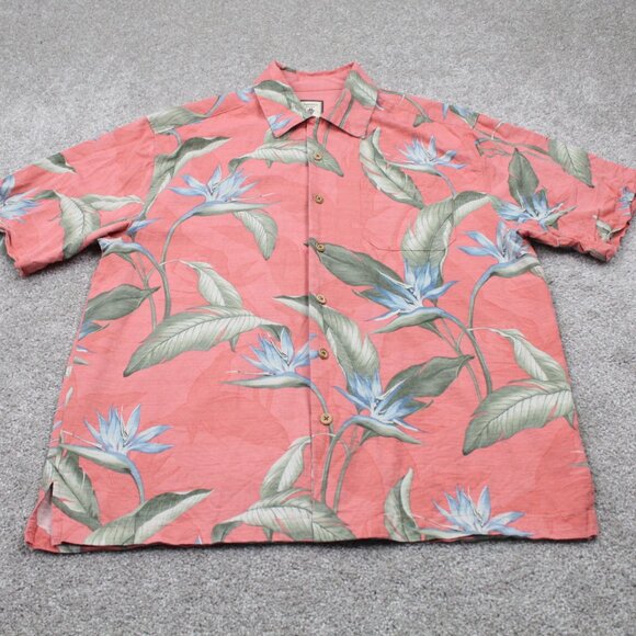 Jamaica Jaxx Camp Shirt Adult Medium Pink Floral Silk Loop Collar S/S Button Up - Picture 2 of 13